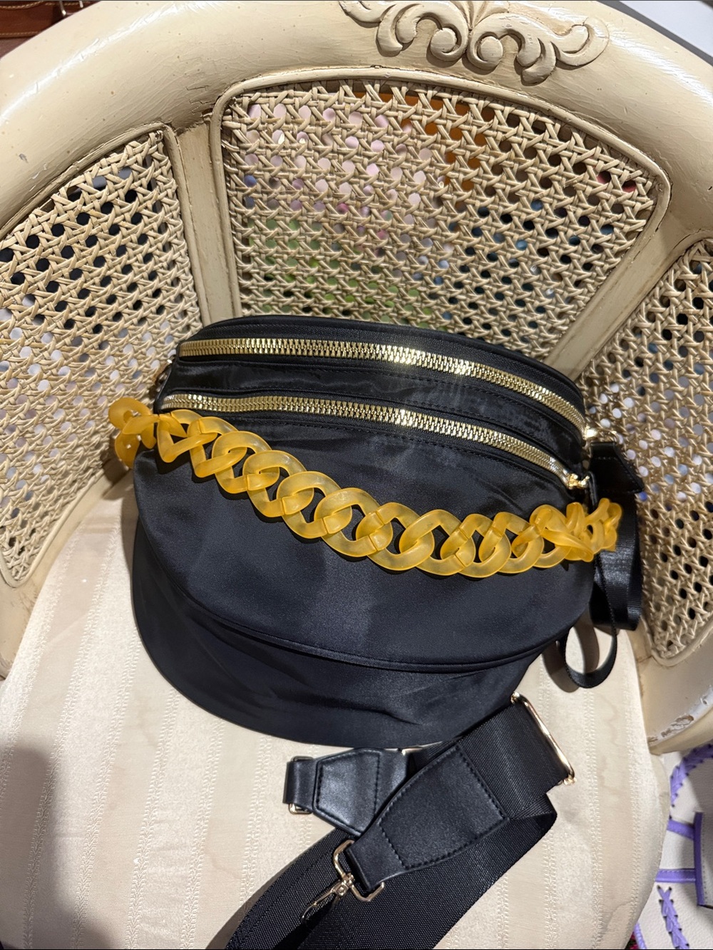 Black Waist Bag with Amber Chain Accent